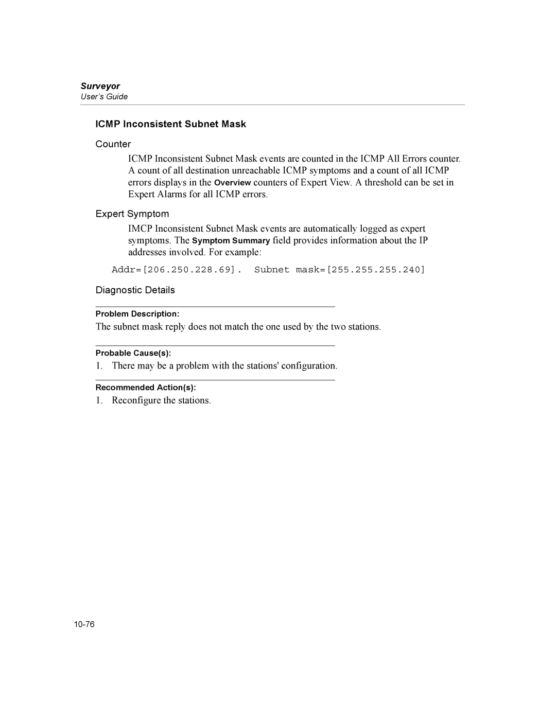 Finisar Surveyor manual Icmp Inconsistent Subnet Mask, Addr=206.250.228.69. Subnet mask=255.255.255.240 