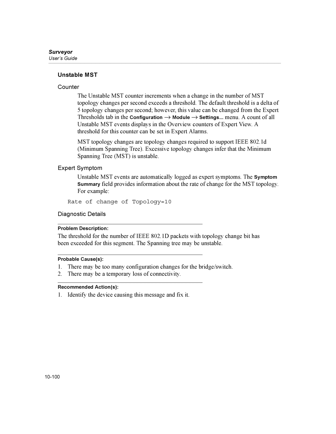 Finisar Surveyor manual Unstable MST, Rate of change of Topology=10 