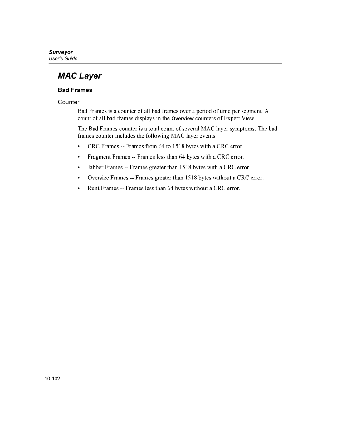 Finisar Surveyor manual MAC Layer, Bad Frames 