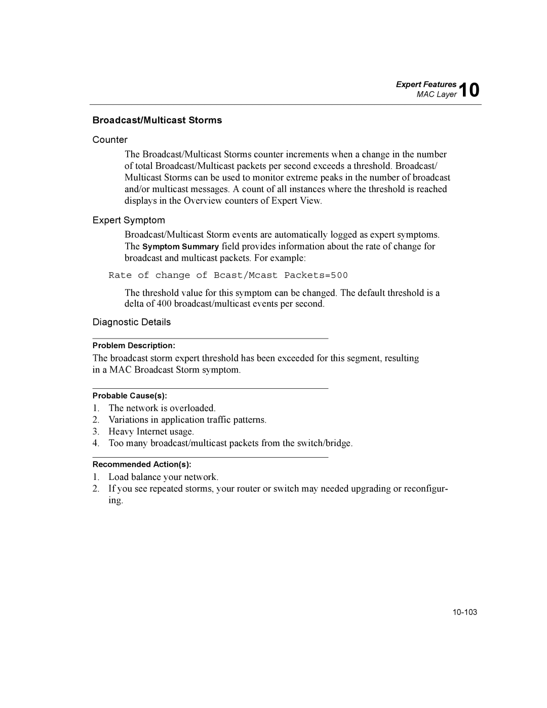 Finisar Surveyor manual Broadcast/Multicast Storms, Rate of change of Bcast/Mcast Packets=500 