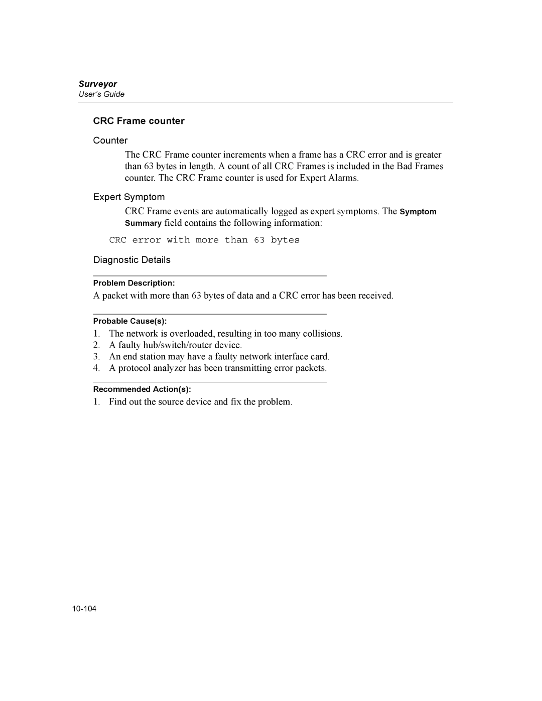 Finisar Surveyor manual CRC Frame counter, CRC error with more than 63 bytes 