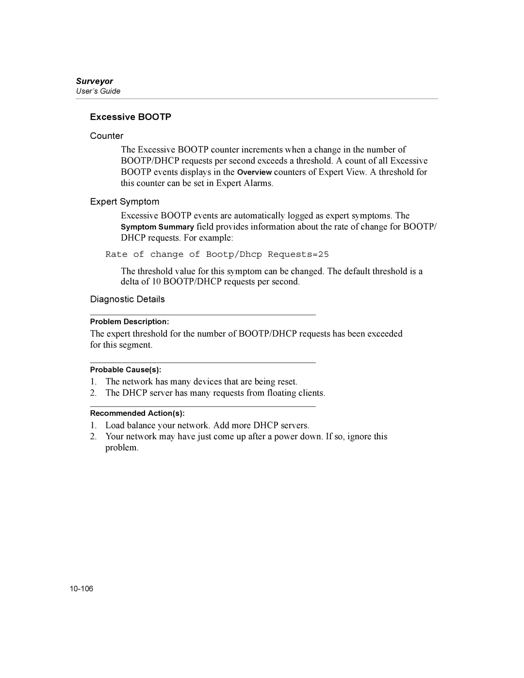 Finisar Surveyor manual Excessive Bootp, Rate of change of Bootp/Dhcp Requests=25 