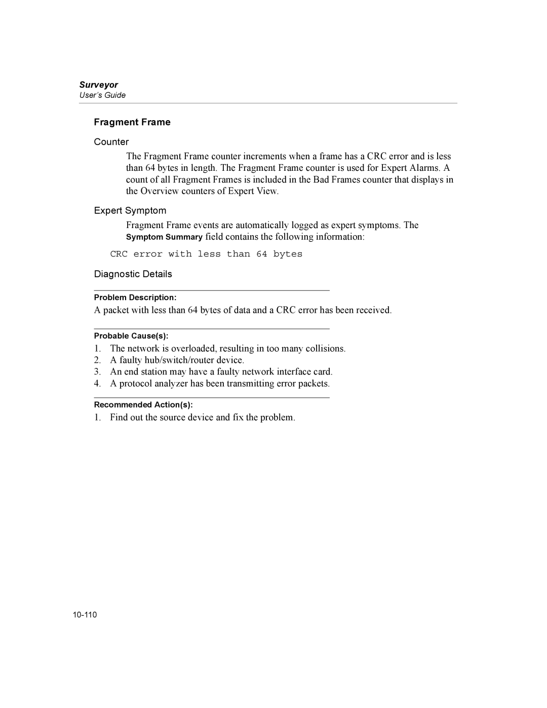 Finisar Surveyor manual Fragment Frame, CRC error with less than 64 bytes 