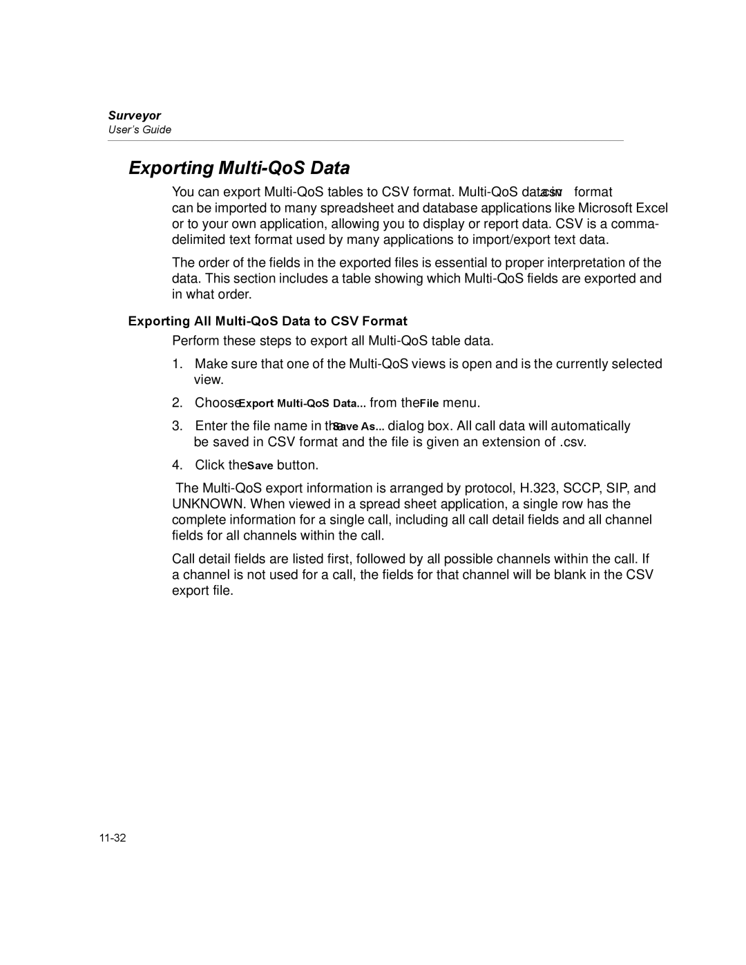 Finisar Surveyor manual Exporting Multi-QoS Data, Exporting All Multi-QoS Data to CSV Format 