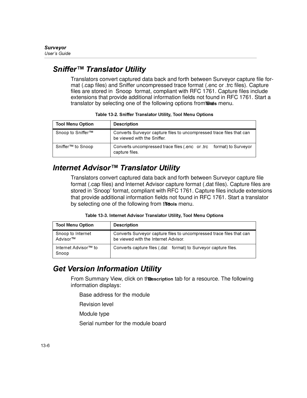 Finisar Surveyor manual Sniffer Translator Utility, Internet Advisor Translator Utility, Get Version Information Utility 