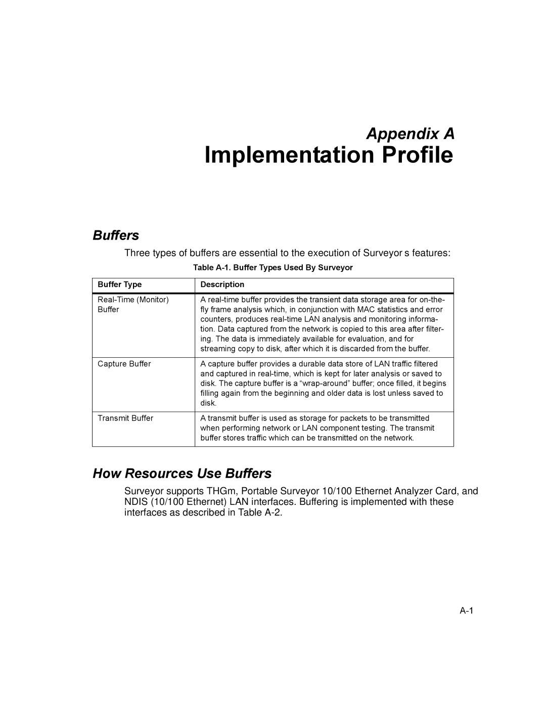 Finisar manual How Resources Use Buffers, Table A-1. Buffer Types Used By Surveyor, Buffer Type Description 