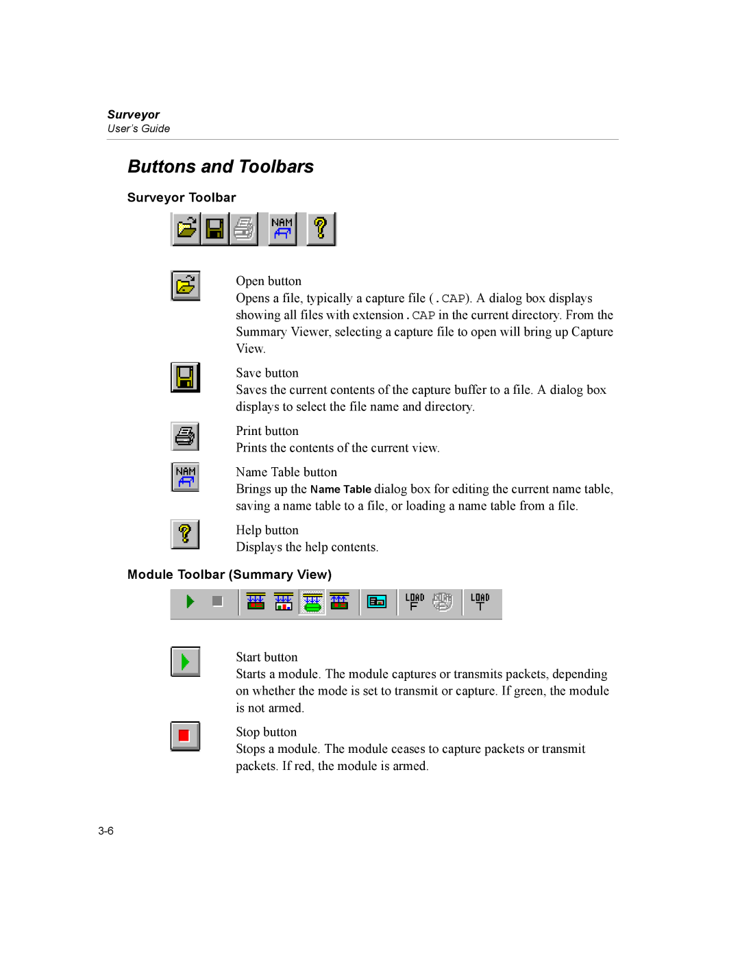 Finisar manual Buttons and Toolbars, Surveyor Toolbar, Module Toolbar Summary View 