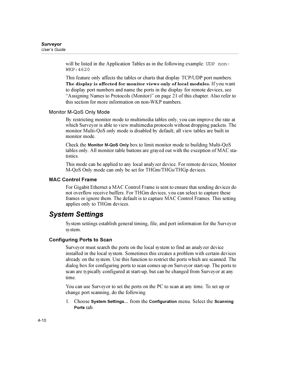 Finisar Surveyor manual System Settings, WKP4620, Monitor M-QoS Only Mode, MAC Control Frame, Configuring Ports to Scan 