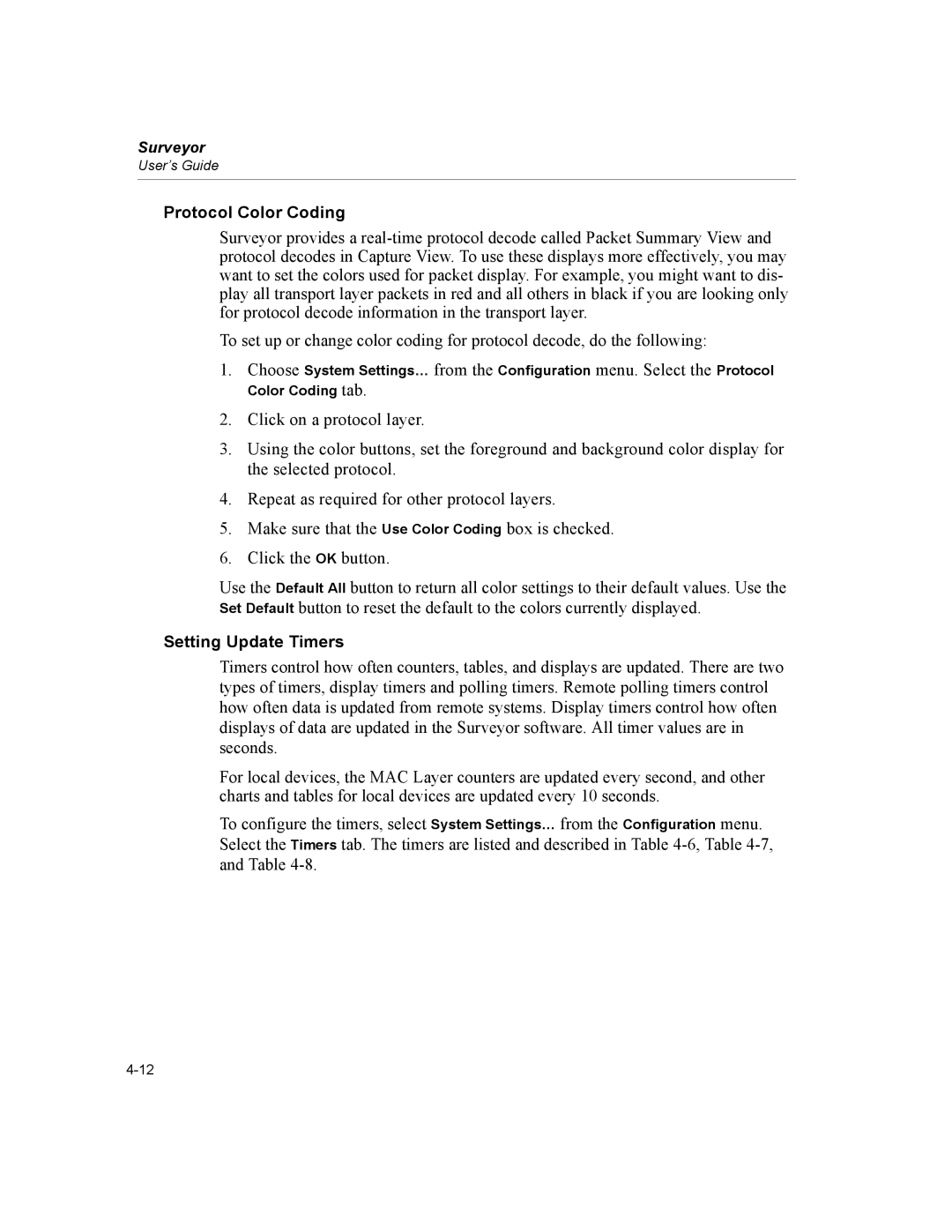 Finisar Surveyor manual Protocol Color Coding, Setting Update Timers 