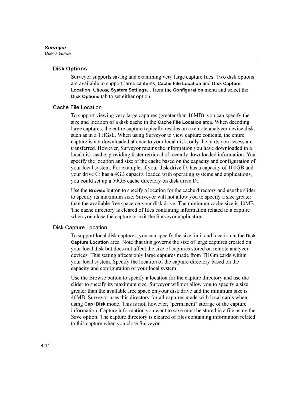 Finisar Surveyor manual Disk Options, Cache File Location, Disk Capture Location 