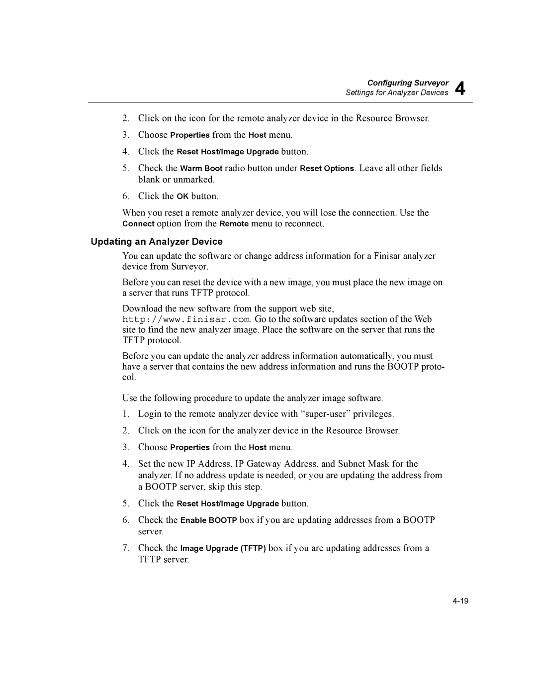 Finisar Surveyor manual Updating an Analyzer Device, Click the Reset Host/Image Upgrade button 