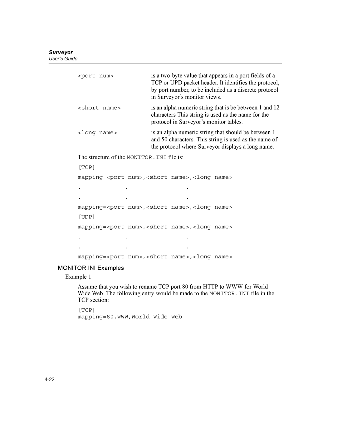 Finisar Surveyor manual Port num, Short name, Long name, MONITOR.INI Examples, Mapping=80,WWW,World Wide Web 