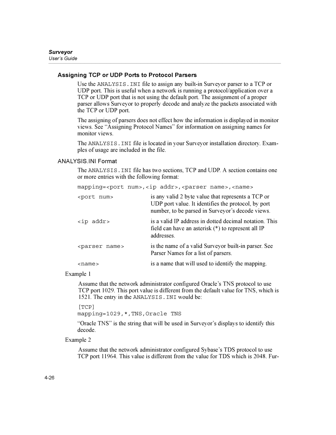 Finisar Surveyor Assigning TCP or UDP Ports to Protocol Parsers, Mapping=port num,ip addr,parser name,name Port num, Name 