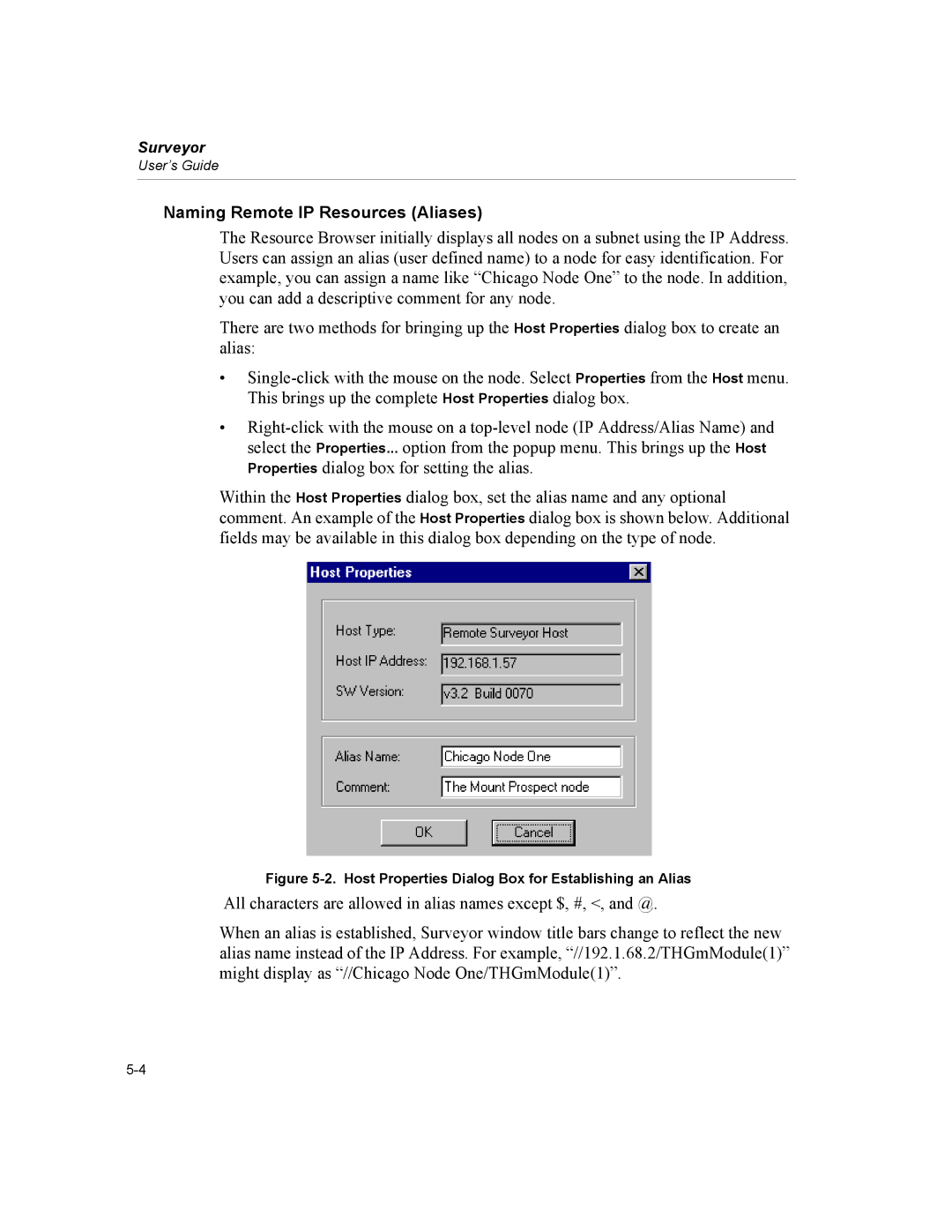 Finisar Surveyor manual Naming Remote IP Resources Aliases, Host Properties Dialog Box for Establishing an Alias 