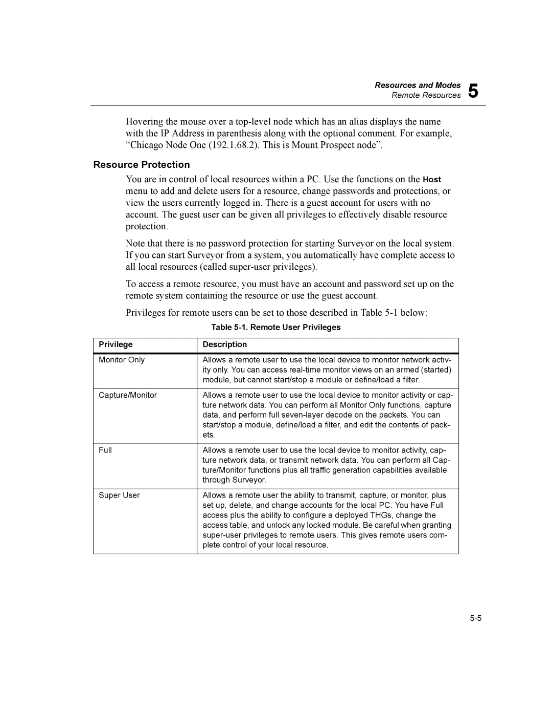 Finisar Surveyor manual Resource Protection, Remote User Privileges, Privilege Description 