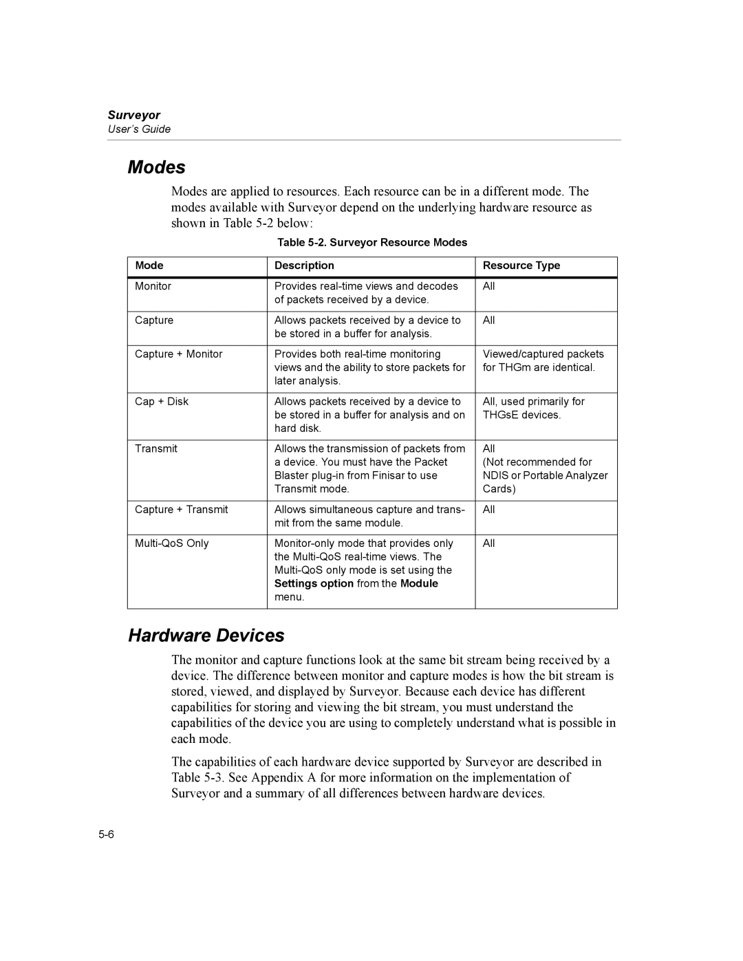 Finisar manual Hardware Devices, Surveyor Resource Modes Description Resource Type, Settings option from the Module 