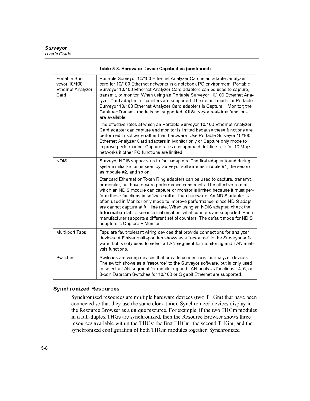 Finisar Surveyor manual Synchronized Resources, Hardware Device Capabilities, Ndis 