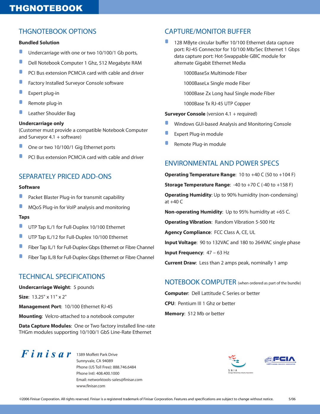 Finisar THG manual Thgnotebook Options, Separately Priced ADD-ONS, CAPTURE/MONITOR Buffer, Environmental and Power Specs 