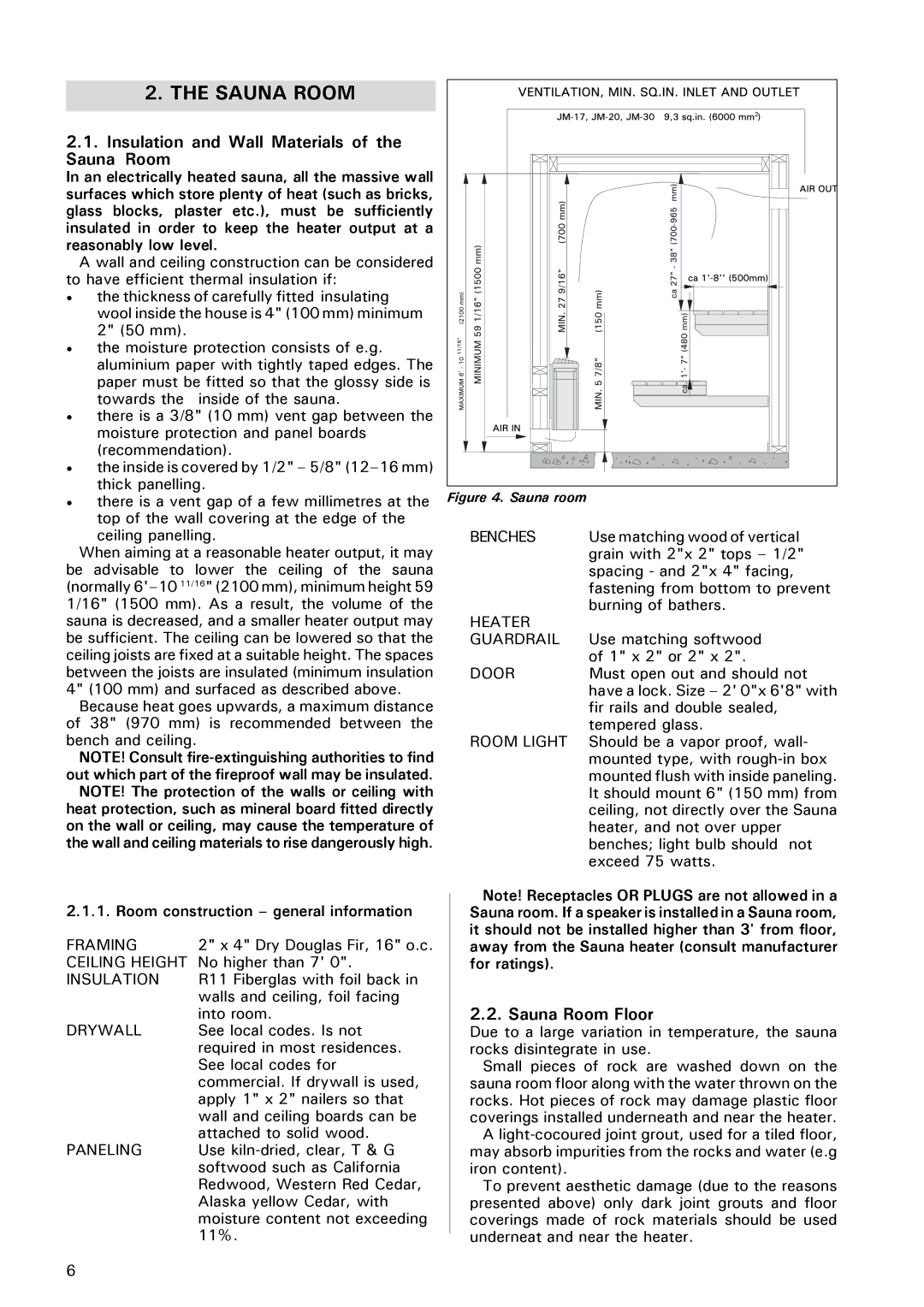 Finlandia JM-30, JM-17, JM-20 manual Insulation and Wall Materials of the Sauna Room, Sauna Room Floor 