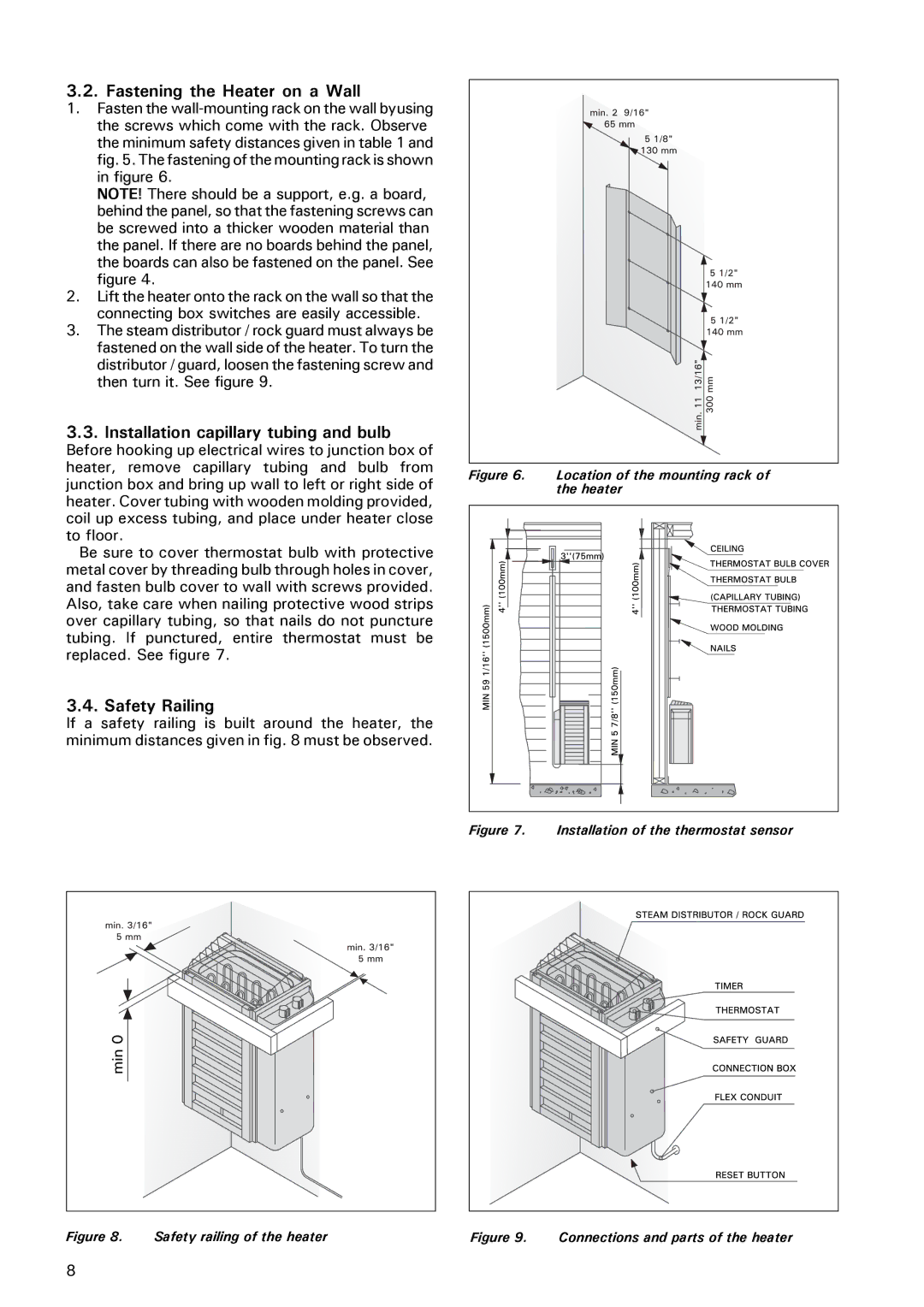 Finlandia JM-20, JM-30, JM-17 manual Fastening the Heater on a Wall, Installation capillary tubing and bulb, Safety Railing 