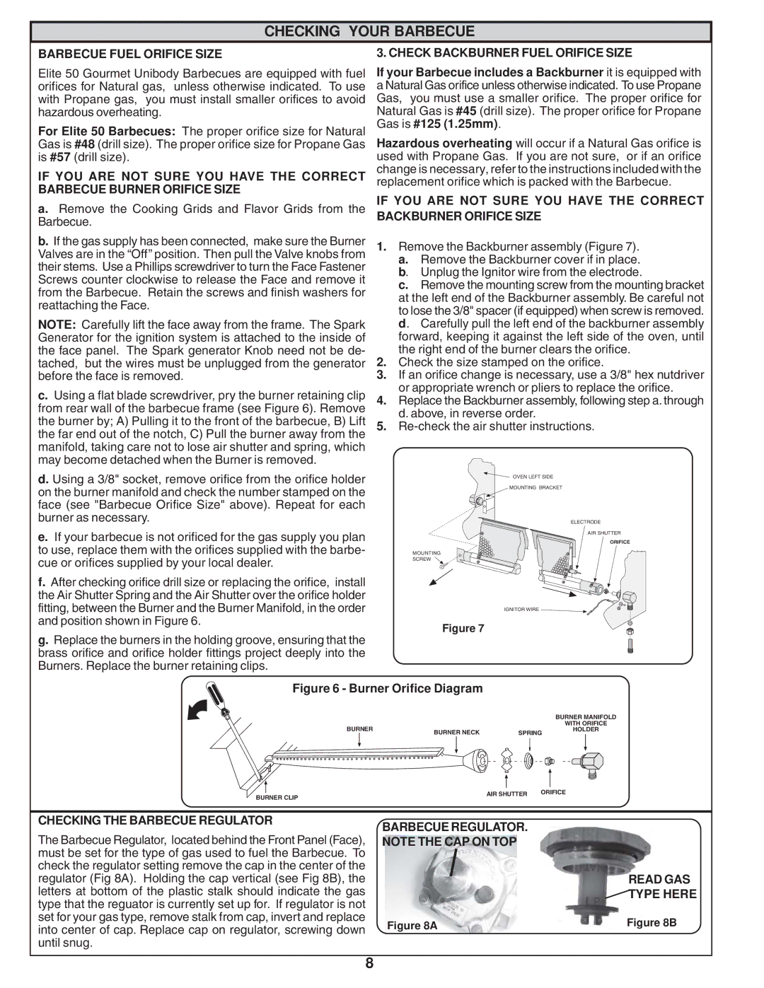 Fire Magic Elite 50 manual Checking Your Barbecue, Barbecue Fuel Orifice Size, Check Backburner Fuel Orifice Size 