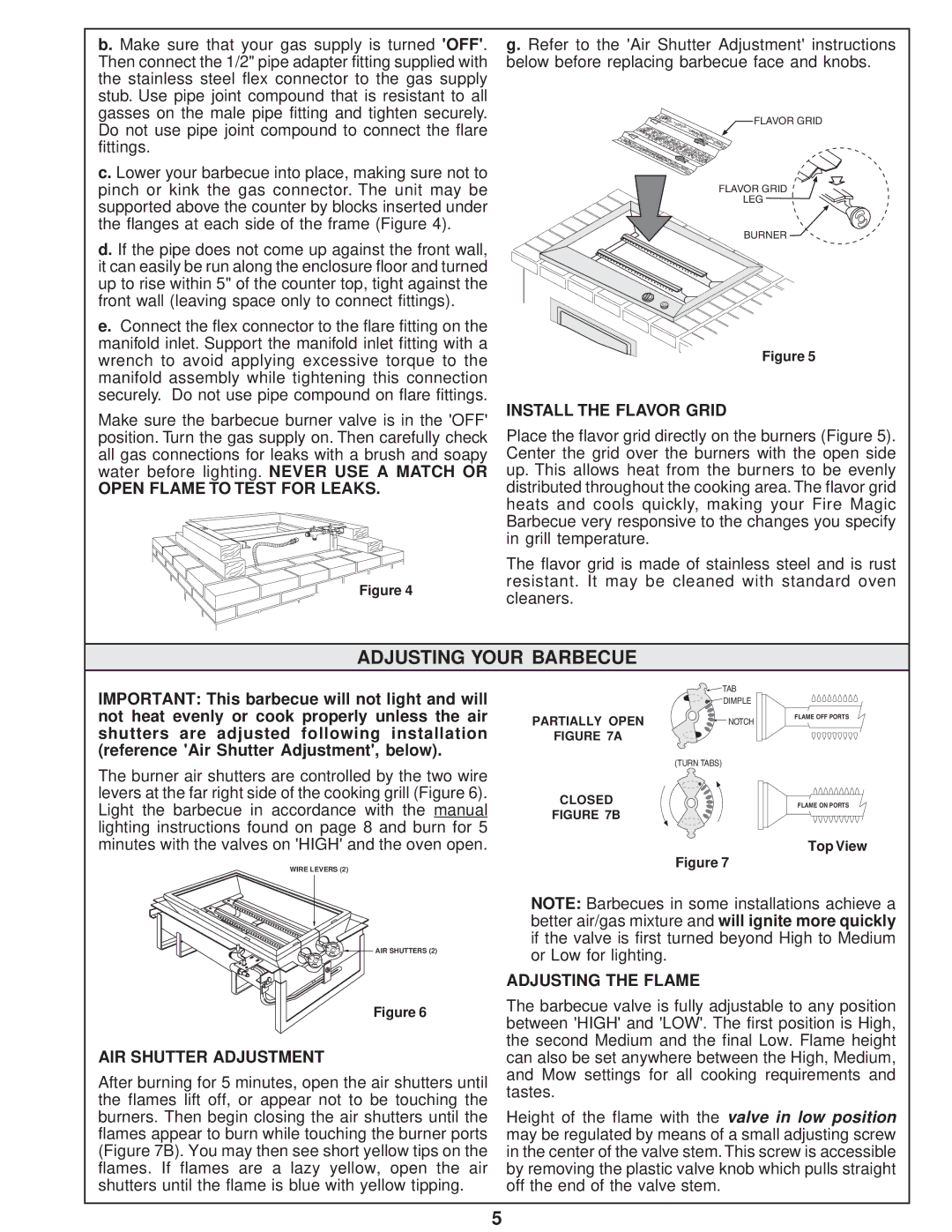 Fire Magic L-C2-01805 Adjusting Your Barbecue, Open Flame to Test for Leaks, Install the Flavor Grid, Adjusting the Flame 