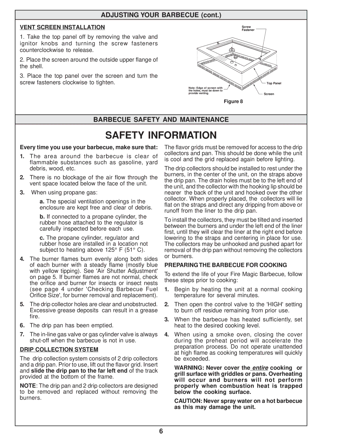 Fire Magic L-C2-01805 manual Safety Information, Barbecue Safety and Maintenance, Vent Screen Installation 