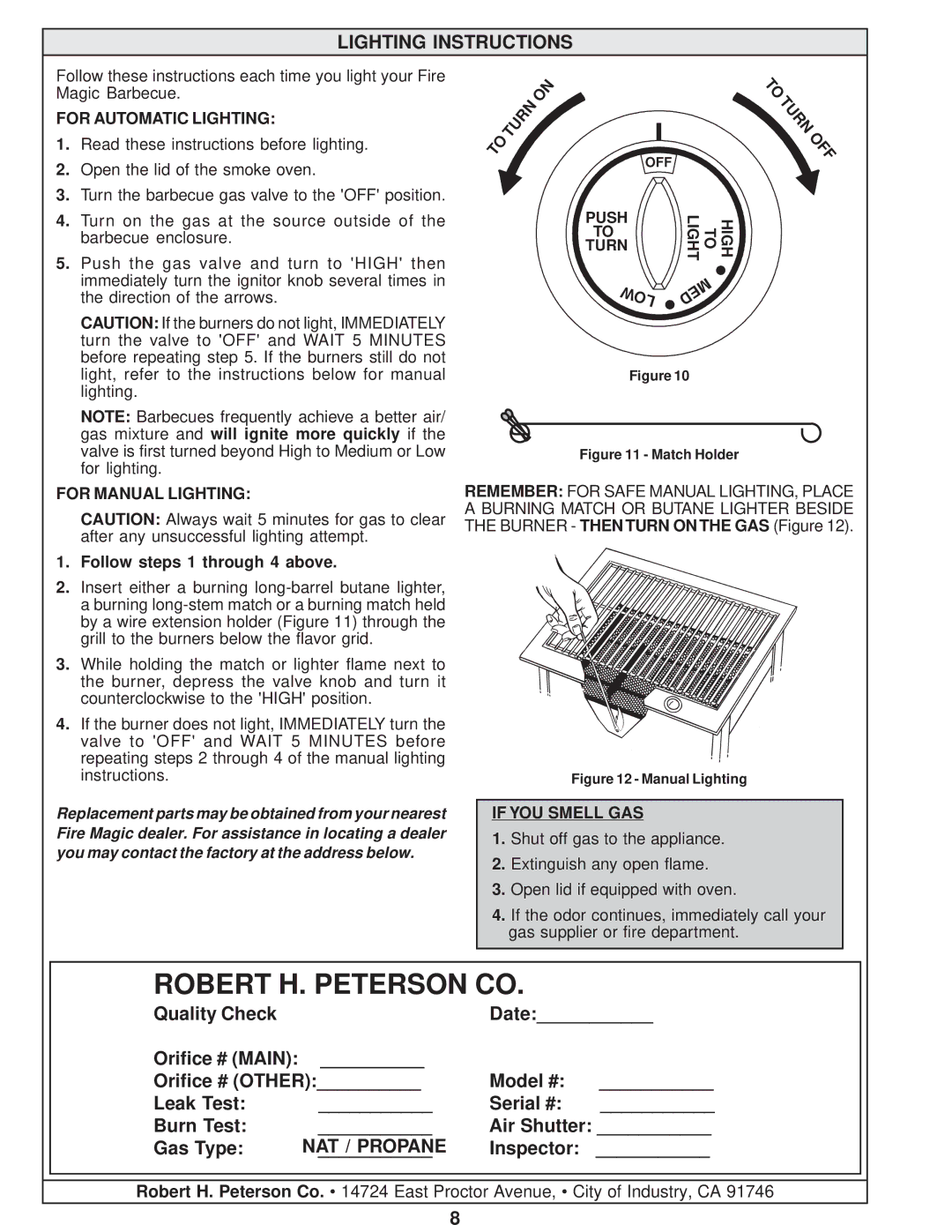 Fire Magic L-C2-01805 manual Robert H. Peterson CO, Lighting Instructions, Low 