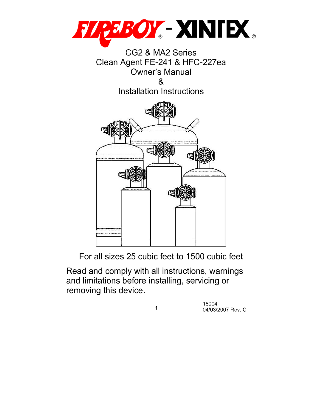 Fireboy- Xintex, LTD CG2, HFC-227ea, MA2 FE-241 owner manual 18004 