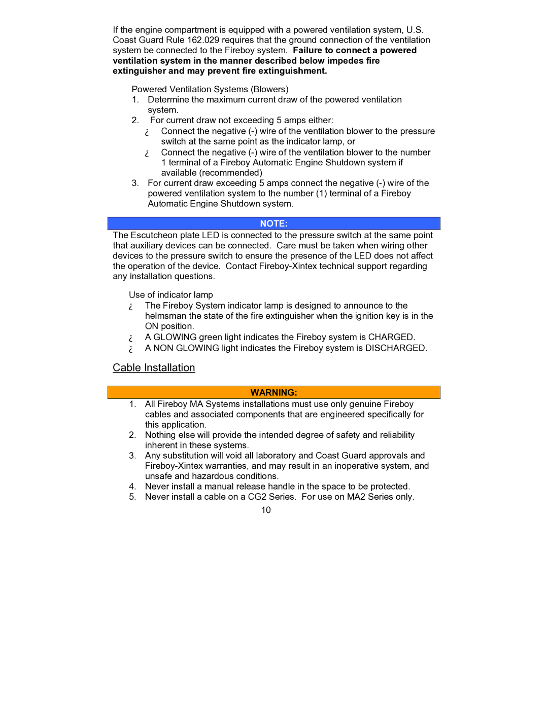 Fireboy- Xintex, LTD CG2, HFC-227ea, MA2 FE-241 owner manual Cable Installation 