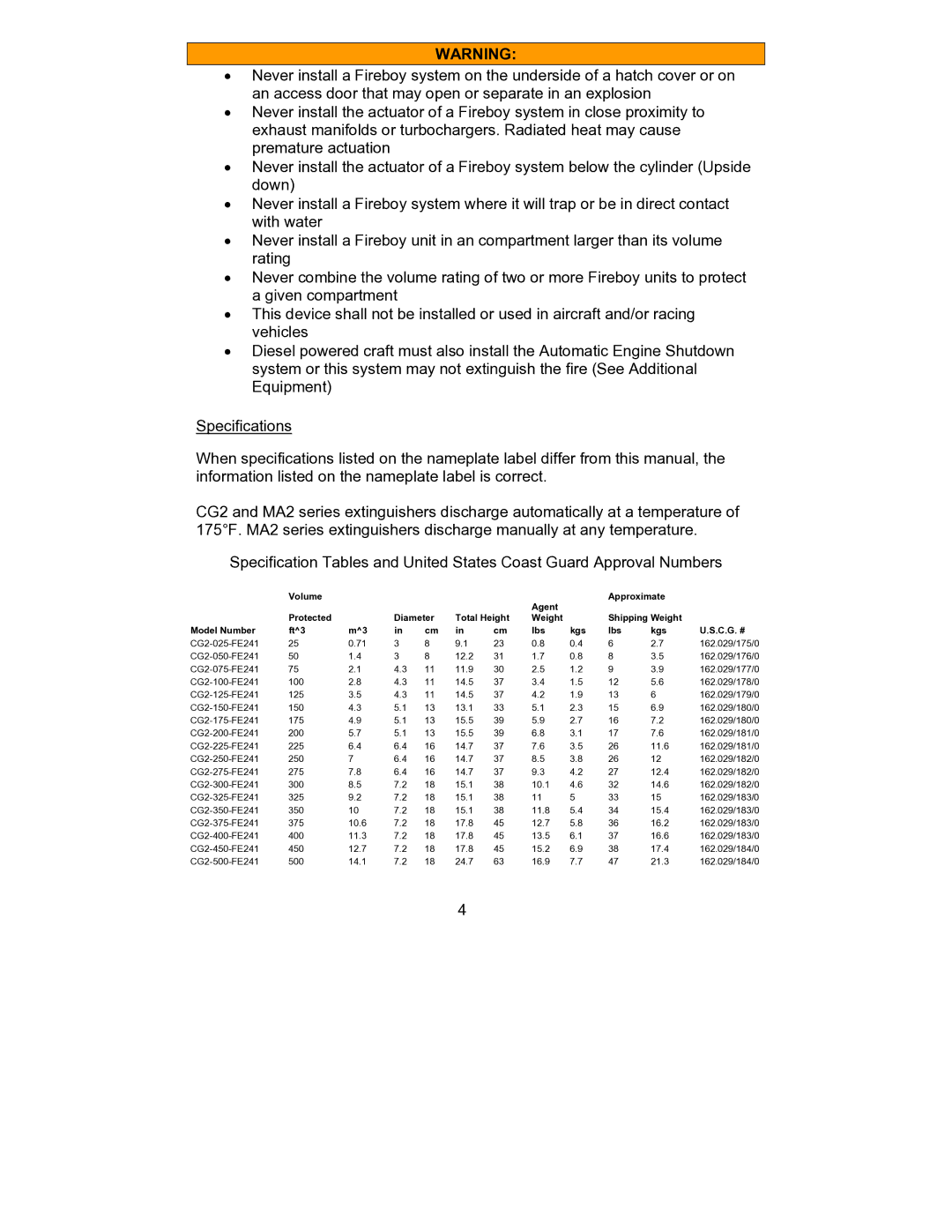 Fireboy- Xintex, LTD CG2, HFC-227ea, MA2 FE-241 owner manual 