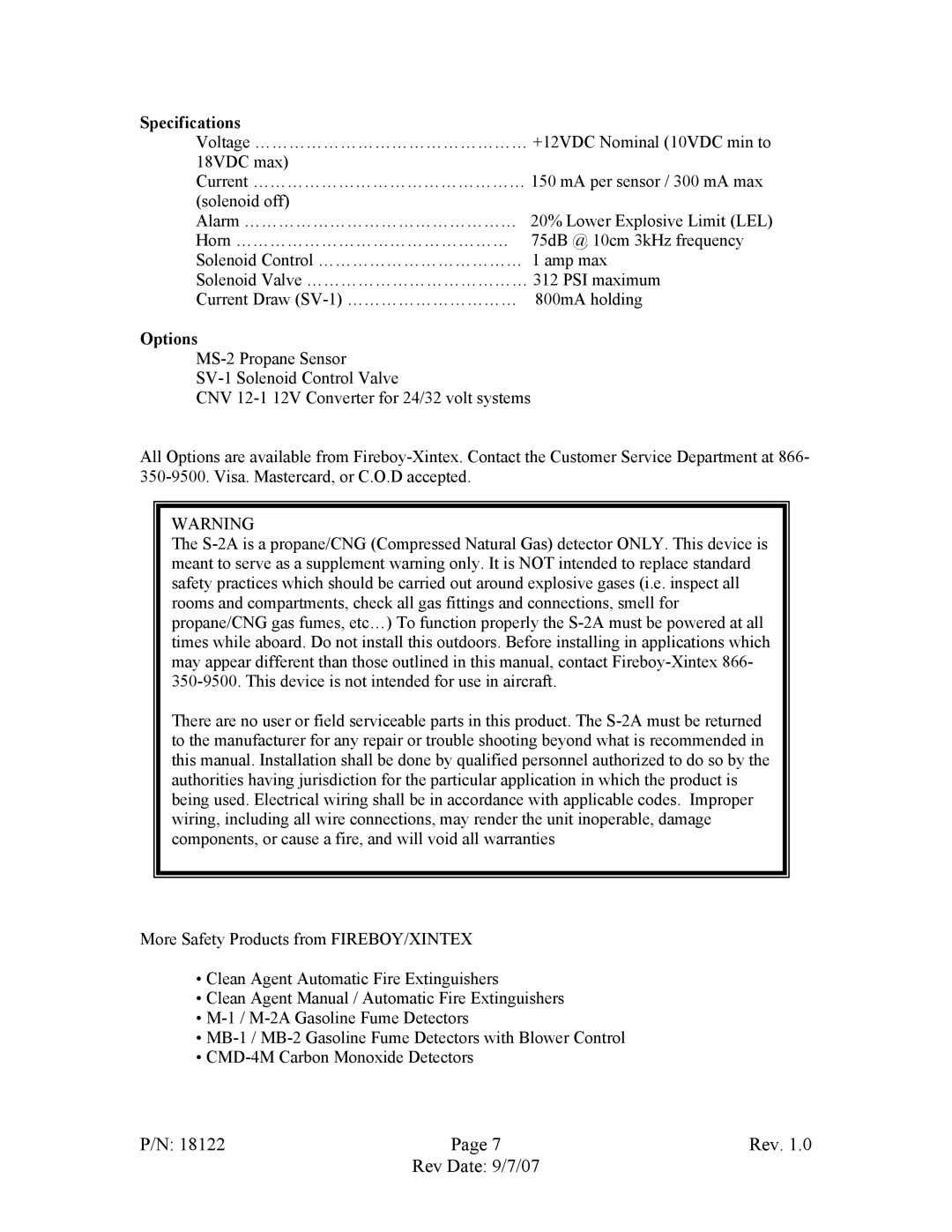 Fireboy- Xintex, LTD S-2A operation manual Specifications, Options 