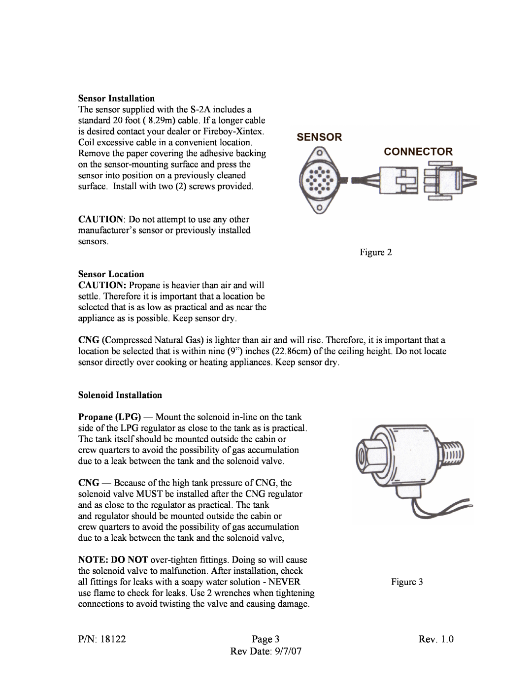 Fireboy- Xintex, LTD S-2A Sensor Installation, Sensor Location, Solenoid Installation, P/N, Page, Rev Date 9/7/07 