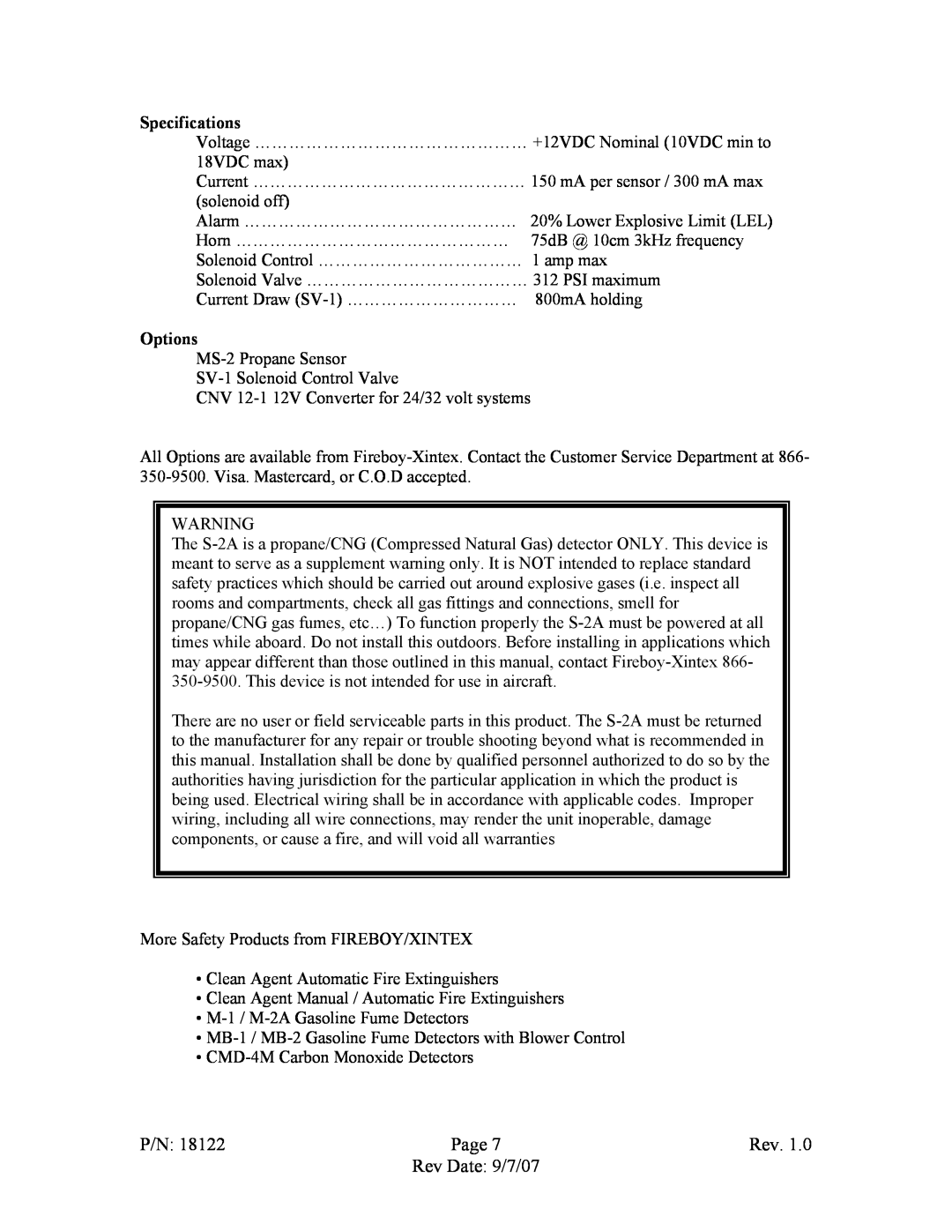 Fireboy- Xintex, LTD S-2A operation manual Specifications, Options, P/N, Page, Rev Date 9/7/07 