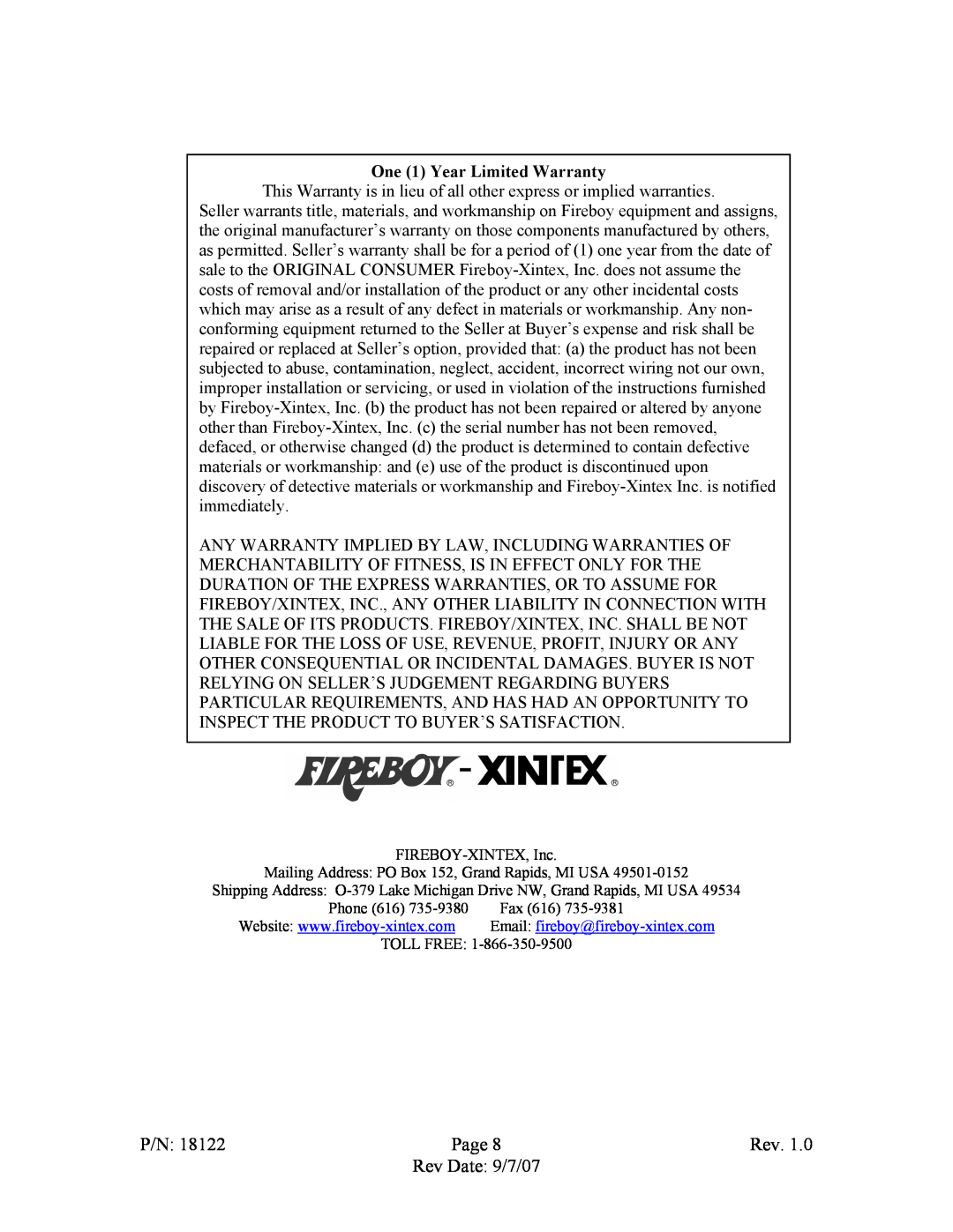 Fireboy- Xintex, LTD S-2A operation manual One 1 Year Limited Warranty, P/N, Page, Rev Date 9/7/07 