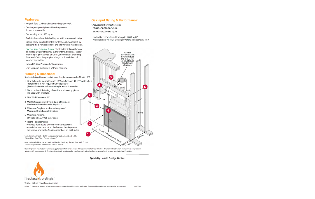 FireplaceXtrordinair 1080 CF dimensions Features, Gas Input Rating & Performance 