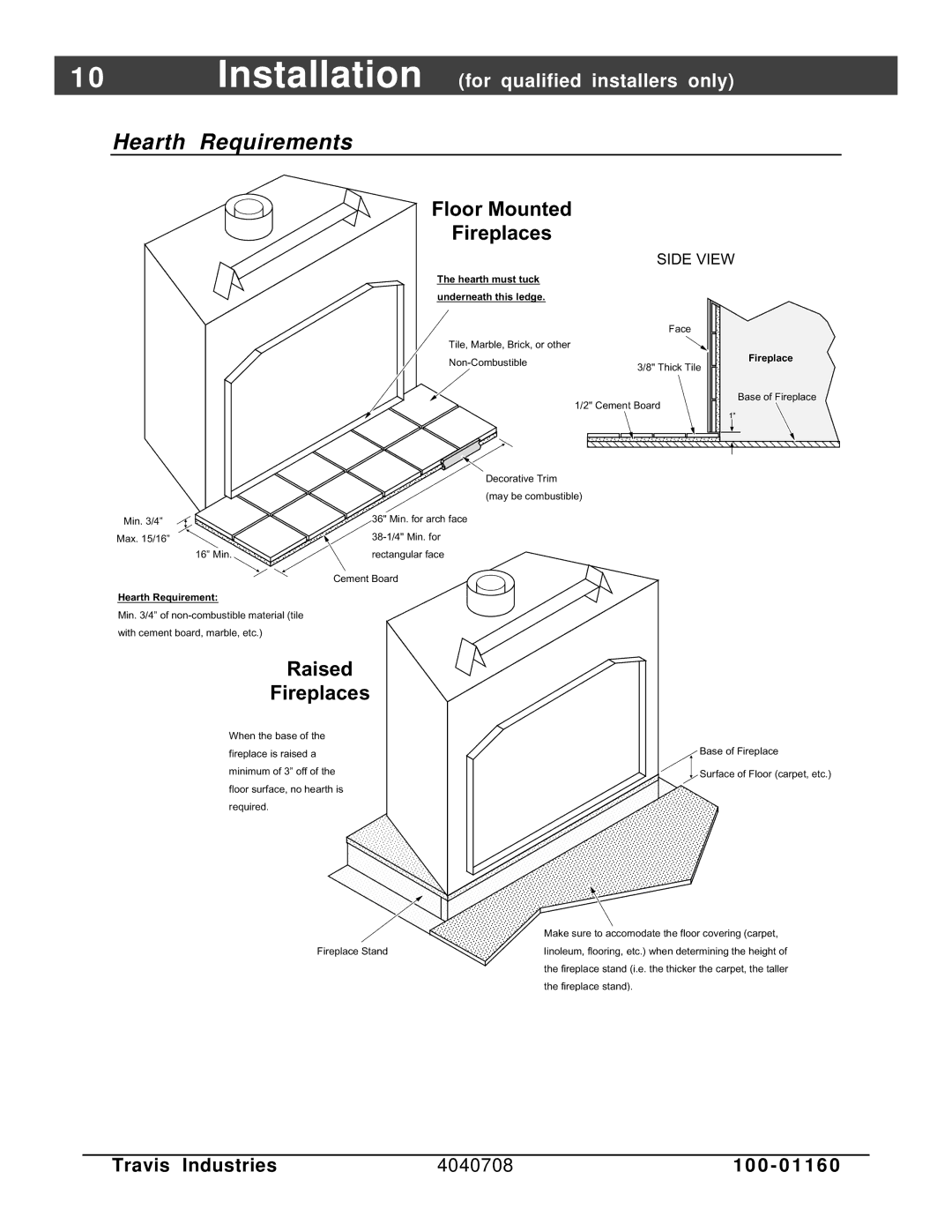 FireplaceXtrordinair 36 DV EFIII owner manual Hearth Requirements, Floor Mounted Fireplaces 