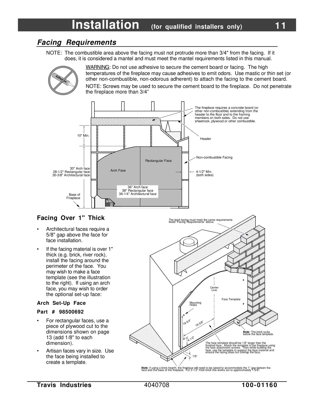 FireplaceXtrordinair 36 DV EFIII owner manual Facing Requirements, Facing Over 1 Thick 