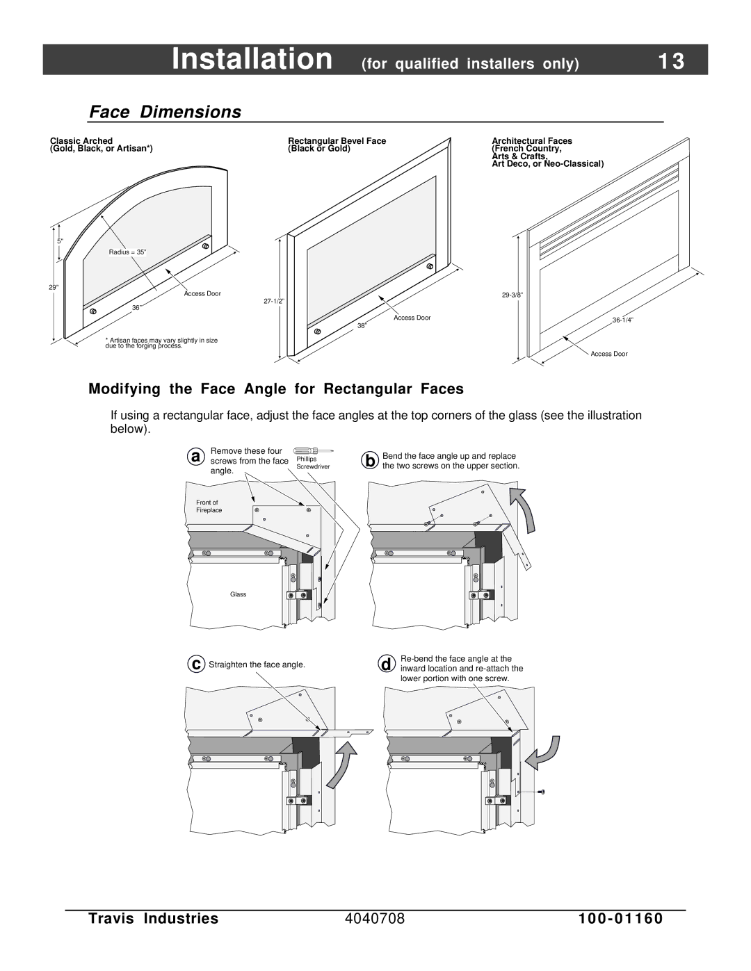 FireplaceXtrordinair 36 DV EFIII Installation for, Face Dimensions, Modifying the Face Angle for Rectangular Faces 