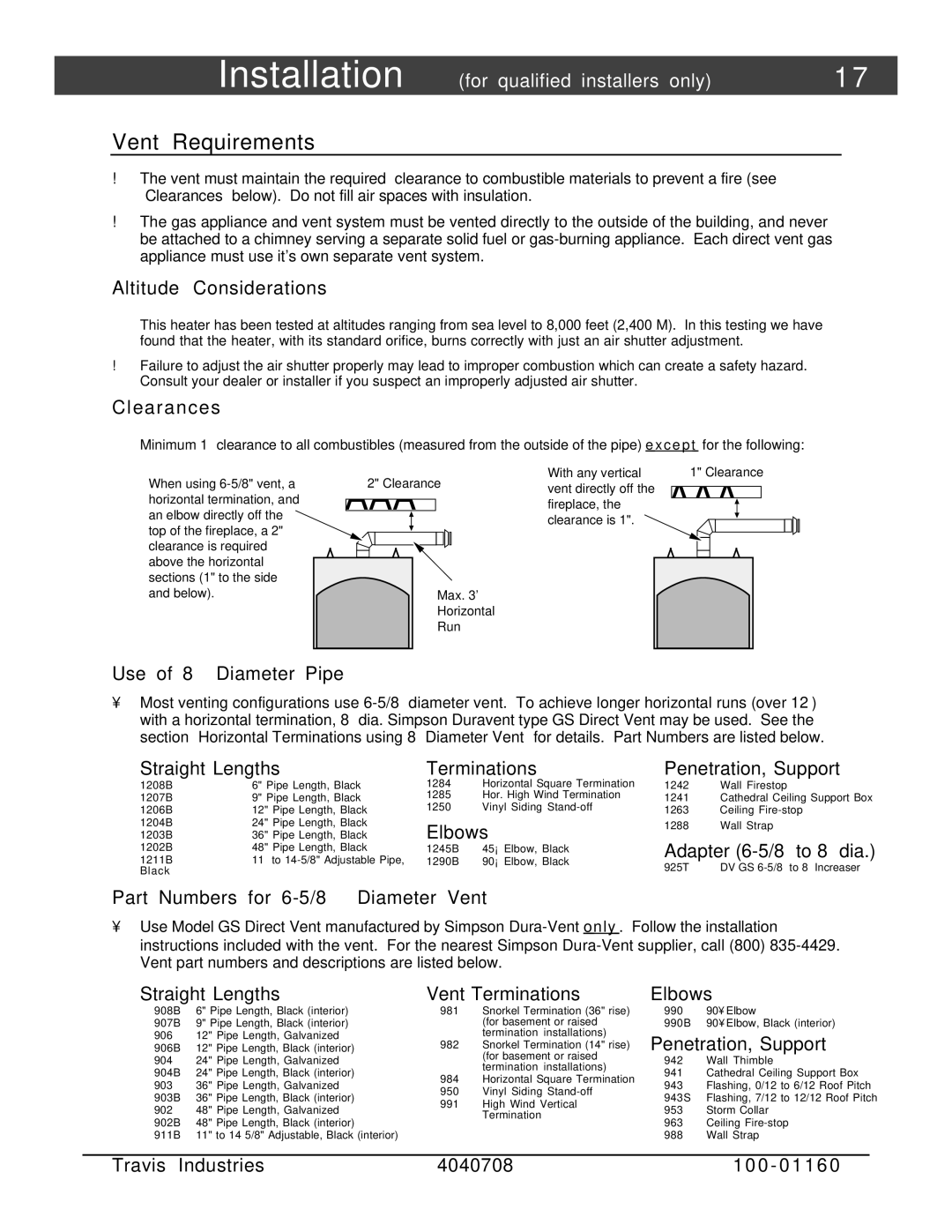 FireplaceXtrordinair 36 DV EFIII owner manual Vent Requirements, Altitude Considerations, Use of 8 Diameter Pipe 