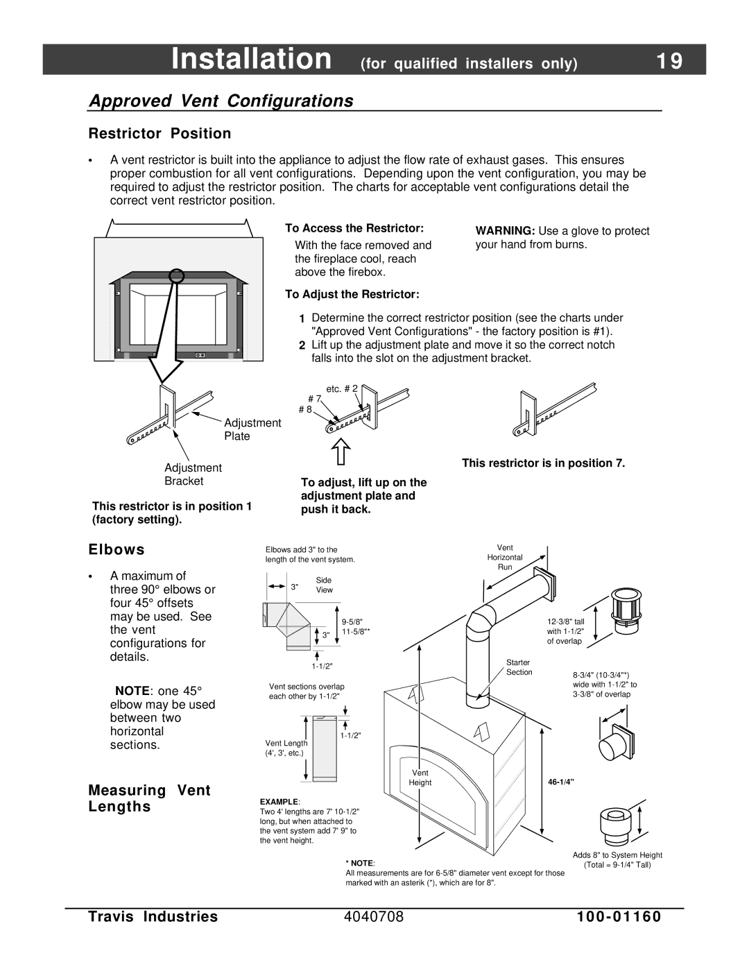 FireplaceXtrordinair 36 DV EFIII Approved Vent Configurations, Restrictor Position, Elbows, Measuring Vent Lengths 