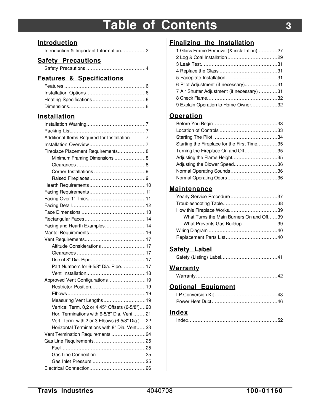 FireplaceXtrordinair 36 DV EFIII owner manual Table of Contents 