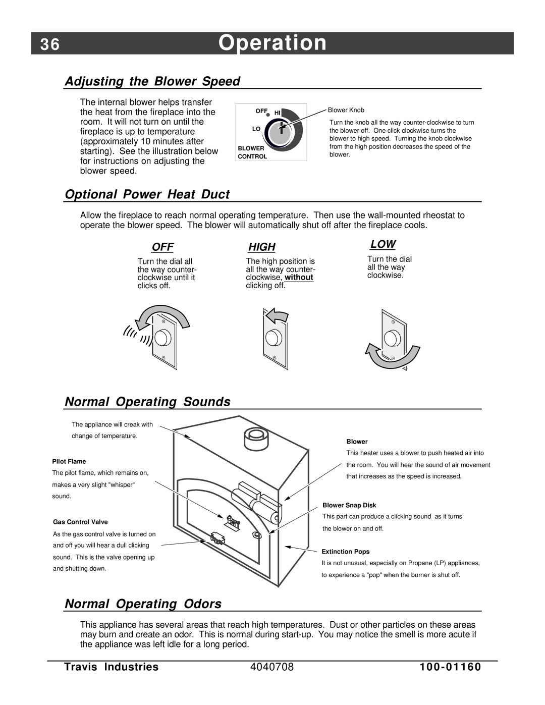 FireplaceXtrordinair 36 DV EFIII 6Operation, Adjusting the Blower Speed, Optional Power Heat Duct, Normal Operating Sounds 