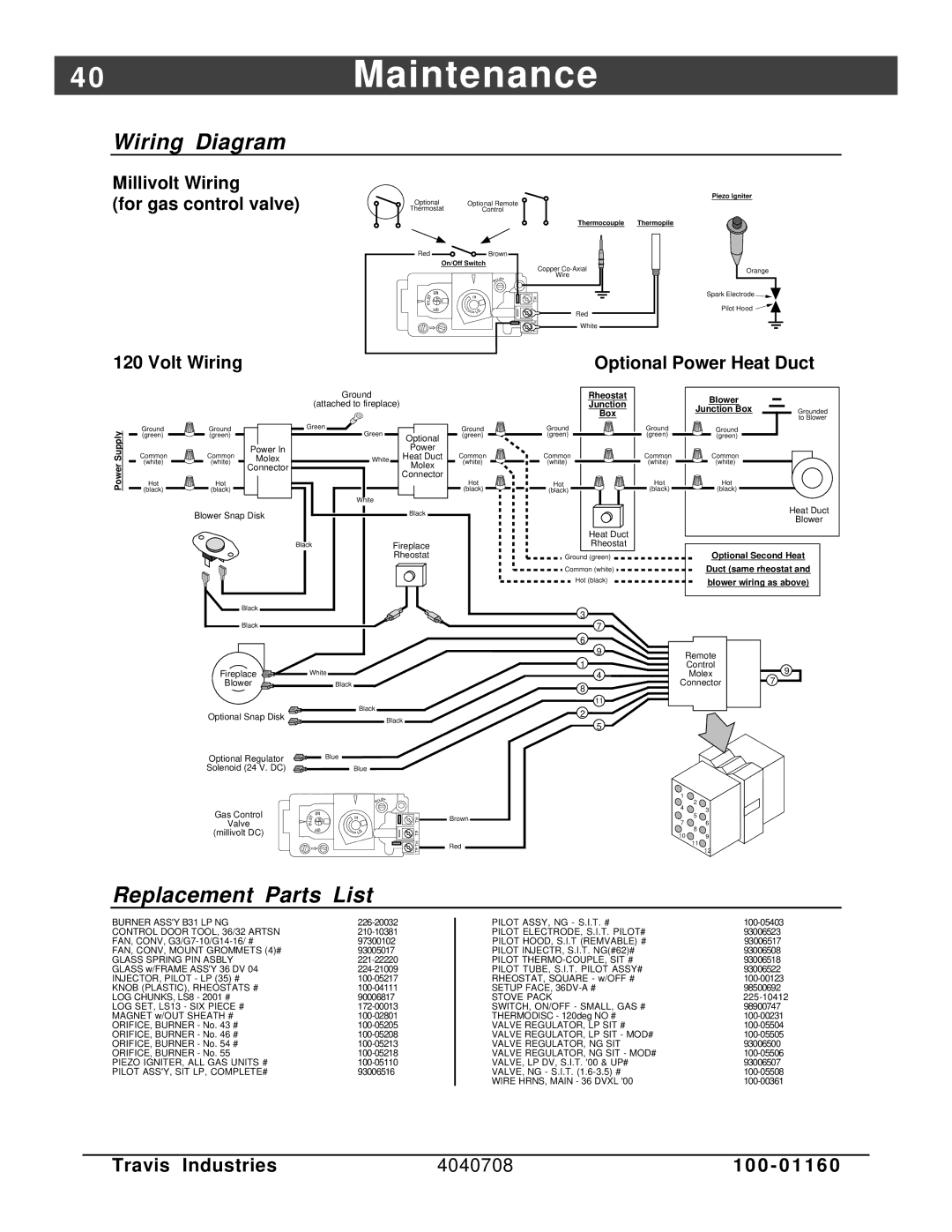 FireplaceXtrordinair 36 DV EFIII owner manual 0Maintenance, Wiring Diagram, Replacement Parts List 