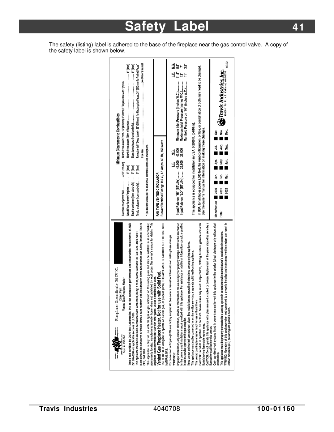 FireplaceXtrordinair 36 DV EFIII owner manual Safety Label, Minimum Clearances to Combustibles 