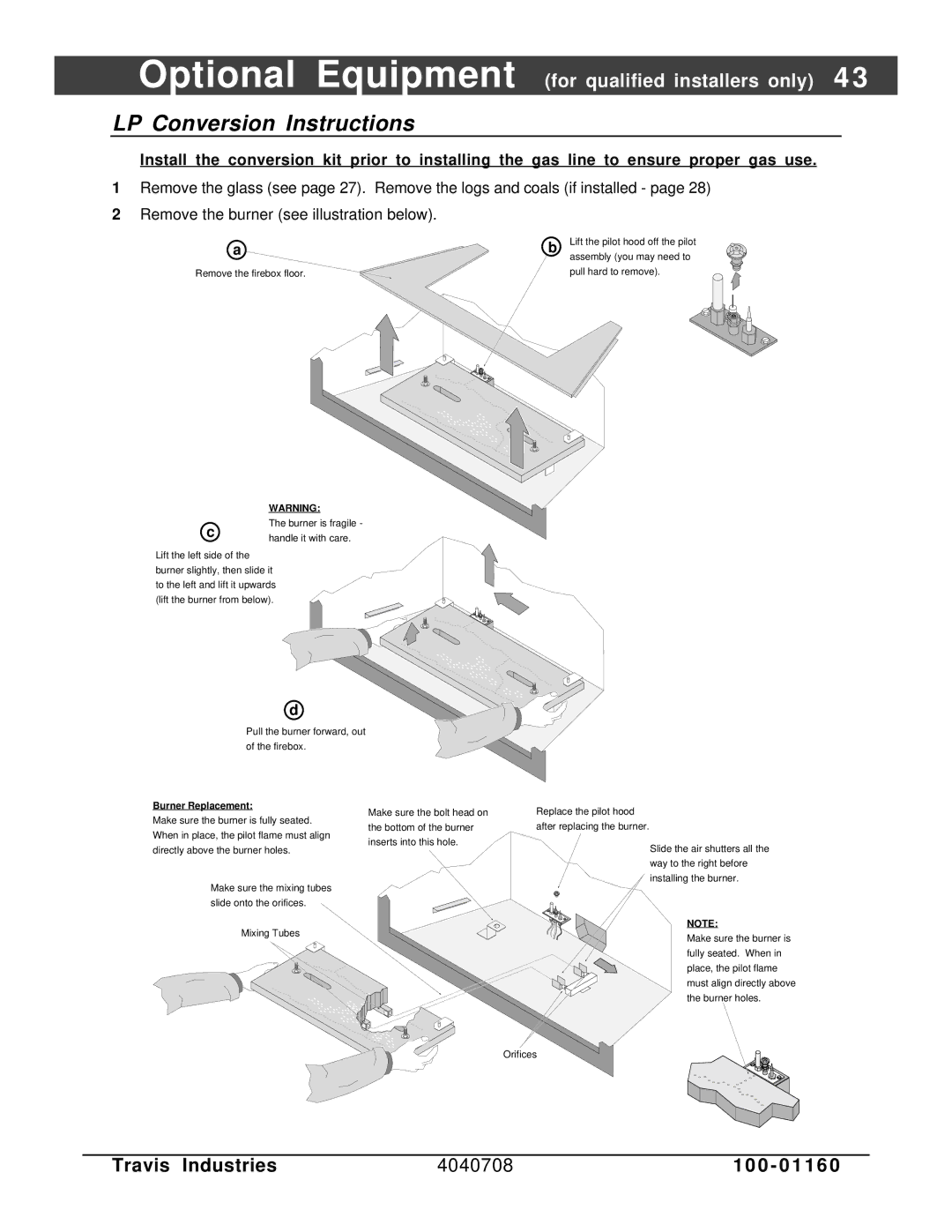 FireplaceXtrordinair 36 DV EFIII owner manual LP Conversion Instructions, Burner Replacement 