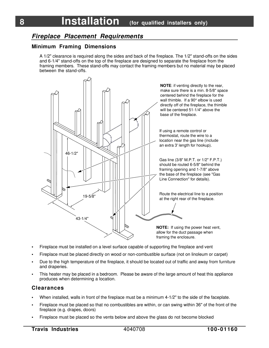 FireplaceXtrordinair 36 DV EFIII owner manual Fireplace Placement Requirements, Minimum Framing Dimensions, Clearances 