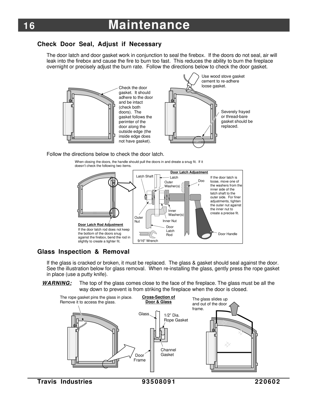 FireplaceXtrordinair 36-Elite owner manual 6Maintenance, Check Door Seal, Adjust if Necessary, Glass Inspection & Removal 