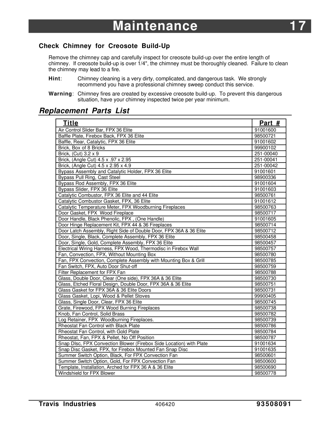 FireplaceXtrordinair 36-Elite owner manual Replacement Parts List, Check Chimney for Creosote Build-Up, Title 