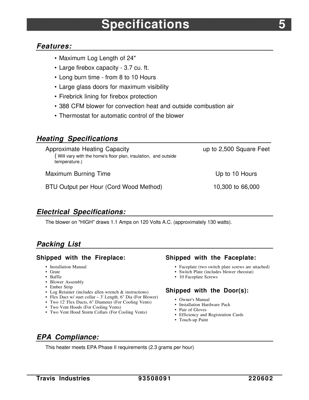 FireplaceXtrordinair 36-Elite owner manual Specifications5 